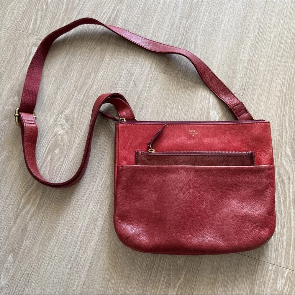 FOSSIL Crossbody Bag Red Pebble Leather Messenger Shoulder Purse Tessa